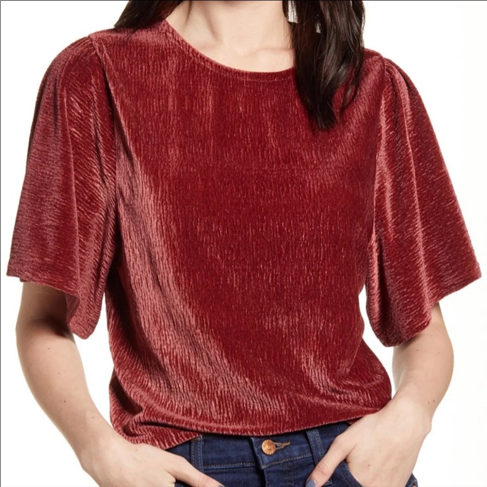 Madewell velvet crinkle top with wide sleeves.